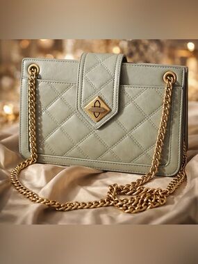 Sage Green Quilted Shoulder Bag with Heavy Gold Chain Convertible Crossbody